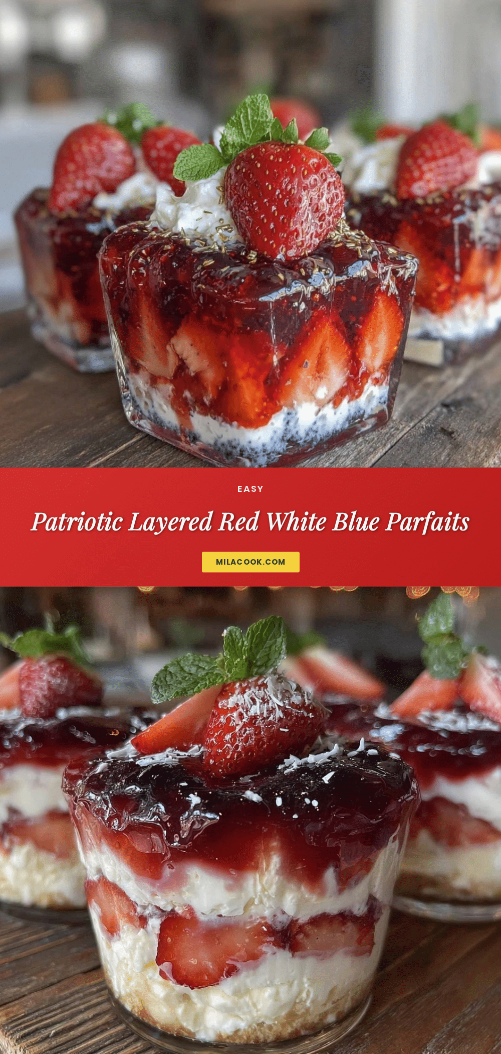 fresh layered red white and blue strawberry jello parfait cups recipe