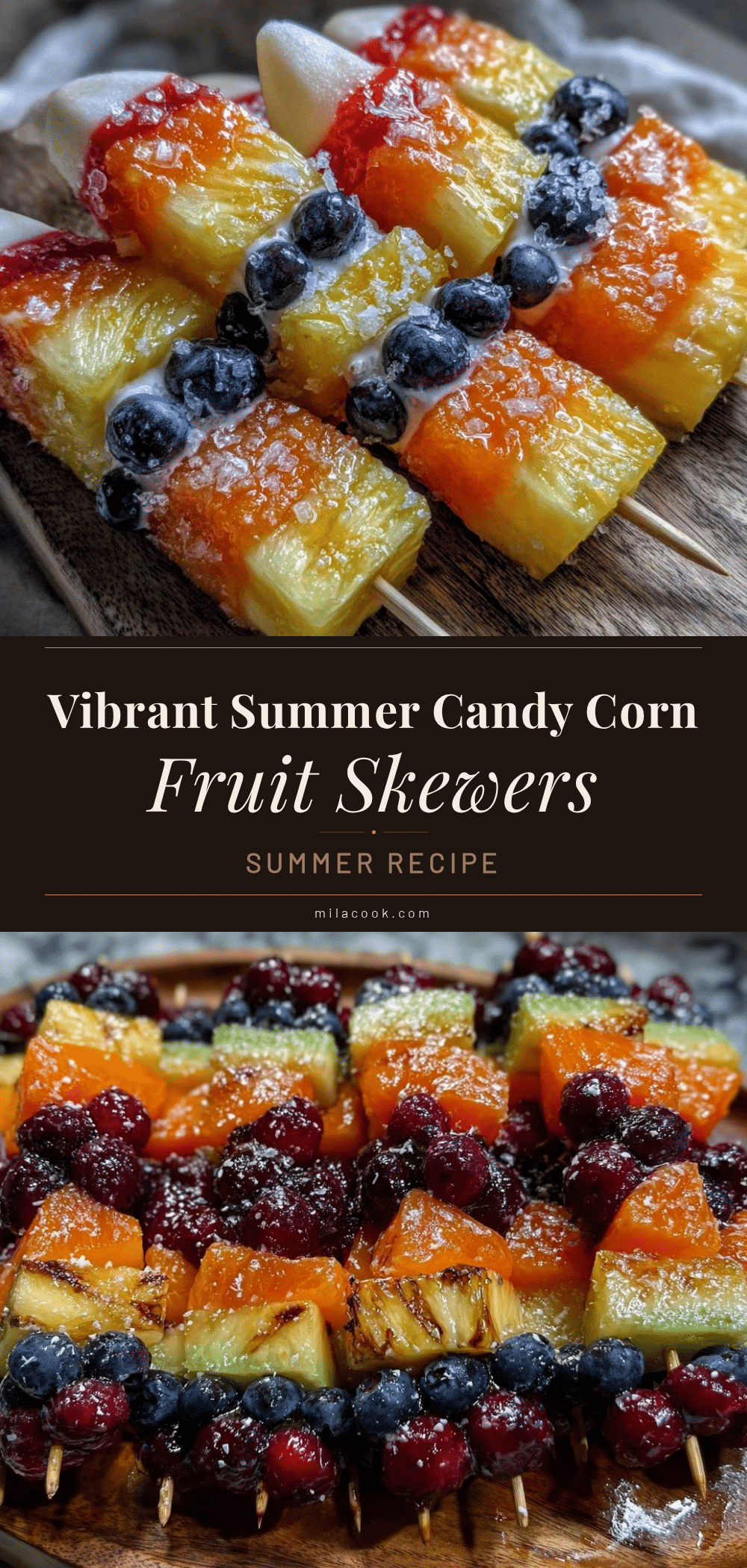 Fresh Summer Halloween Candy Corn Fruit Skewers recipe