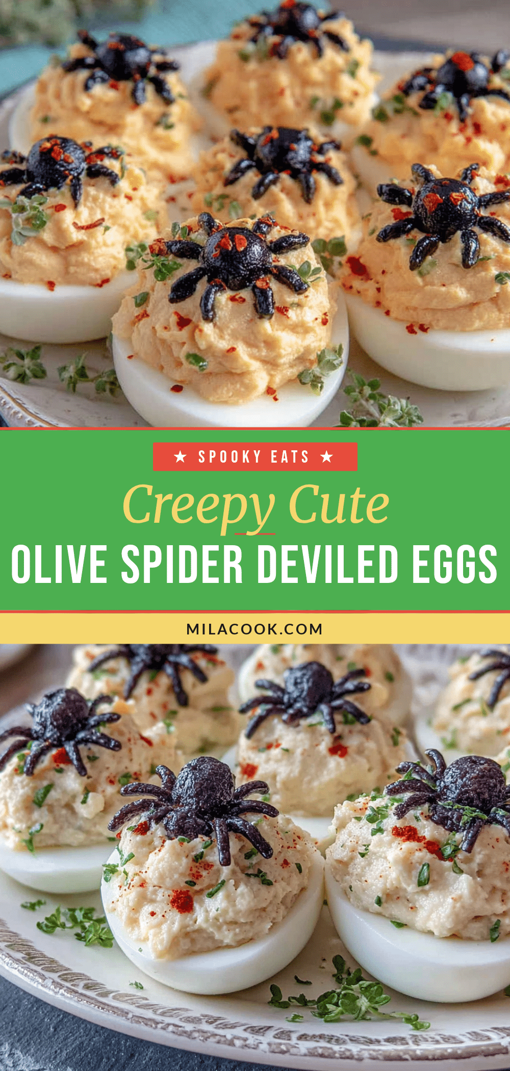 creamy spooky deviled eggs with olive spiders recipe